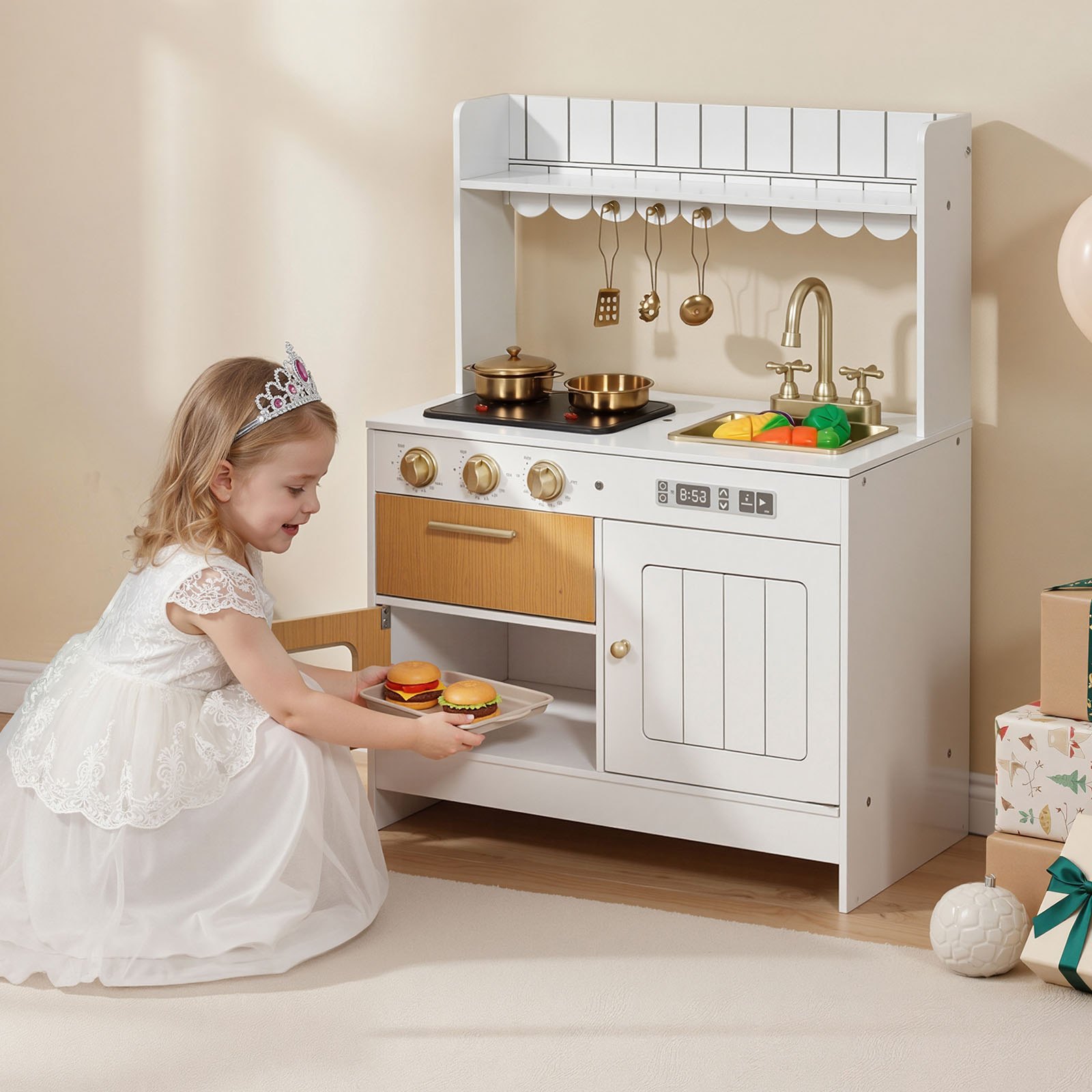 VEVOR Play Kitchen for Kids, Wooden, Kids Kitchen Playset with Real Lights & Sounds, Food & Cookware Accessories, Pretend Play Toy Set, Sink, Oven, Stove, Cabinet, for Toddlers, Girls & Boys Ages 3-8