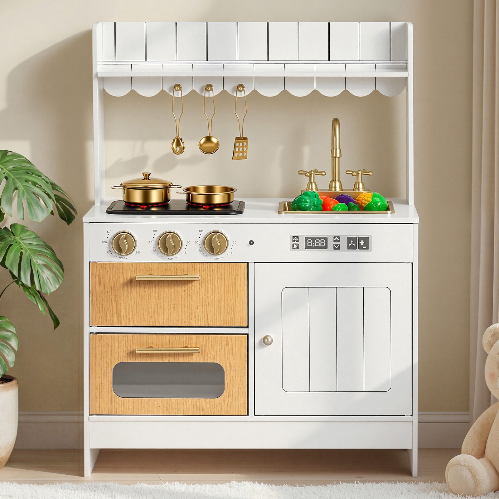 VEVOR Play Kitchen for Kids, Wooden, Kids Kitchen Playset with Real Lights & Sounds, Food & Cookware Accessories, Pretend Play Toy Set, Sink, Oven, Stove, Cabinet, for Toddlers, Girls & Boys Ages 3-8