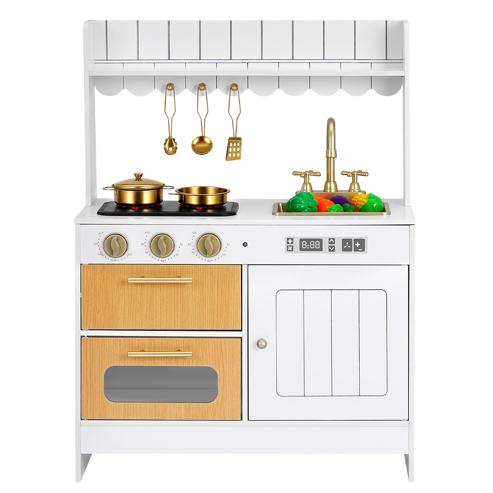 VEVOR Play Kitchen for Kids, Wooden, Kids Kitchen Playset with Real Lights & Sounds, Food & Cookware Accessories, Pretend Play Toy Set, Sink, Oven, Stove, Cabinet, for Toddlers, Girls & Boys Ages 3-8
