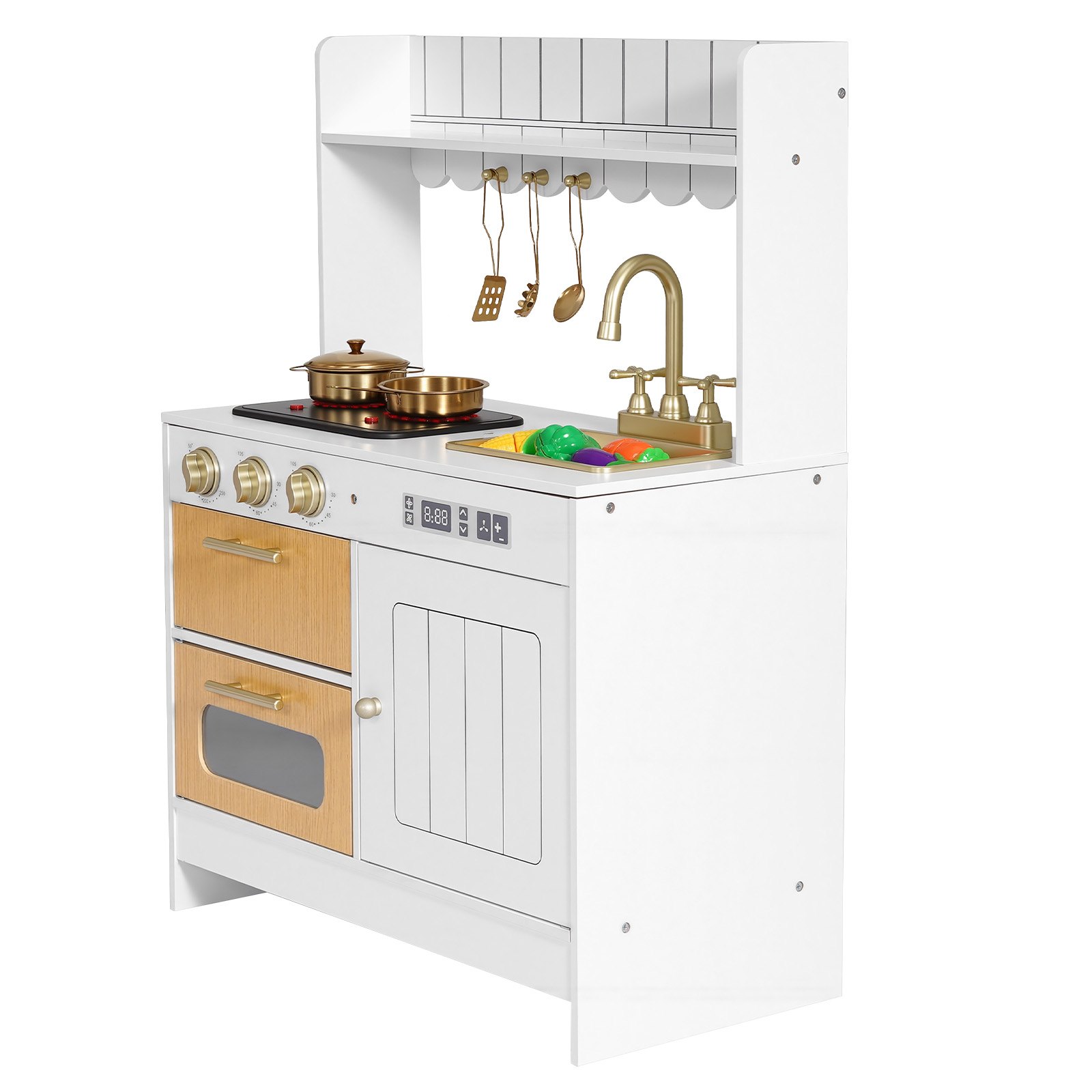 VEVOR Play Kitchen for Kids, Wooden, Kids Kitchen Playset with Real Lights & Sounds, Food & Cookware Accessories, Pretend Play Toy Set, Sink, Oven, Stove, Cabinet, for Toddlers, Girls & Boys Ages 3-8