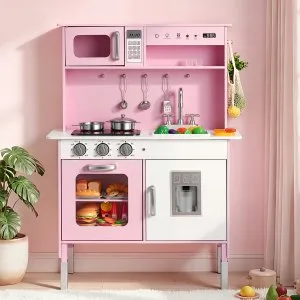 GOPLUS Set De Cocina De Madera Para Niños – Estufa Con Luces Y Sonidos, Horno, Fregadero, Microondas Y Utensilios, Rosa