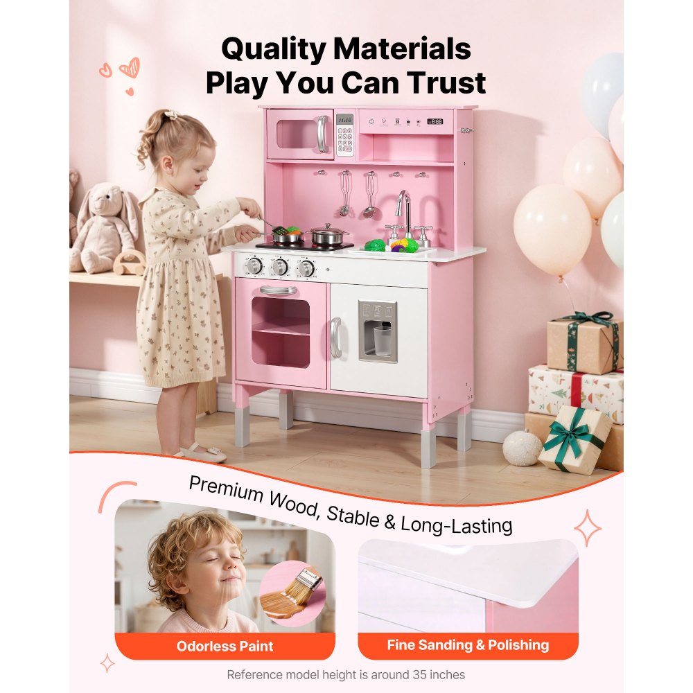 VEVOR Play Kitchen for Kids, Wooden, Kids Kitchen Playset with Real Lights & Sounds, Food & Cookware, Pretend Play Toy Set, Microwave, Oven, Clicking Knobs, for Toddlers, Girls & Boys Ages 3-8, Pink
