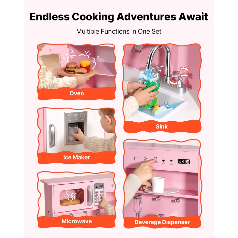 VEVOR Play Kitchen for Kids, Wooden, Kids Kitchen Playset with Real Lights & Sounds, Food & Cookware, Pretend Play Toy Set, Microwave, Oven, Clicking Knobs, for Toddlers, Girls & Boys Ages 3-8, Pink