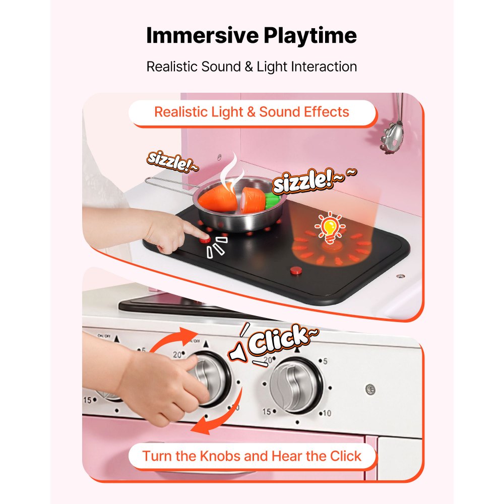 VEVOR Play Kitchen for Kids, Wooden, Kids Kitchen Playset with Real Lights & Sounds, Food & Cookware, Pretend Play Toy Set, Microwave, Oven, Clicking Knobs, for Toddlers, Girls & Boys Ages 3-8, Pink