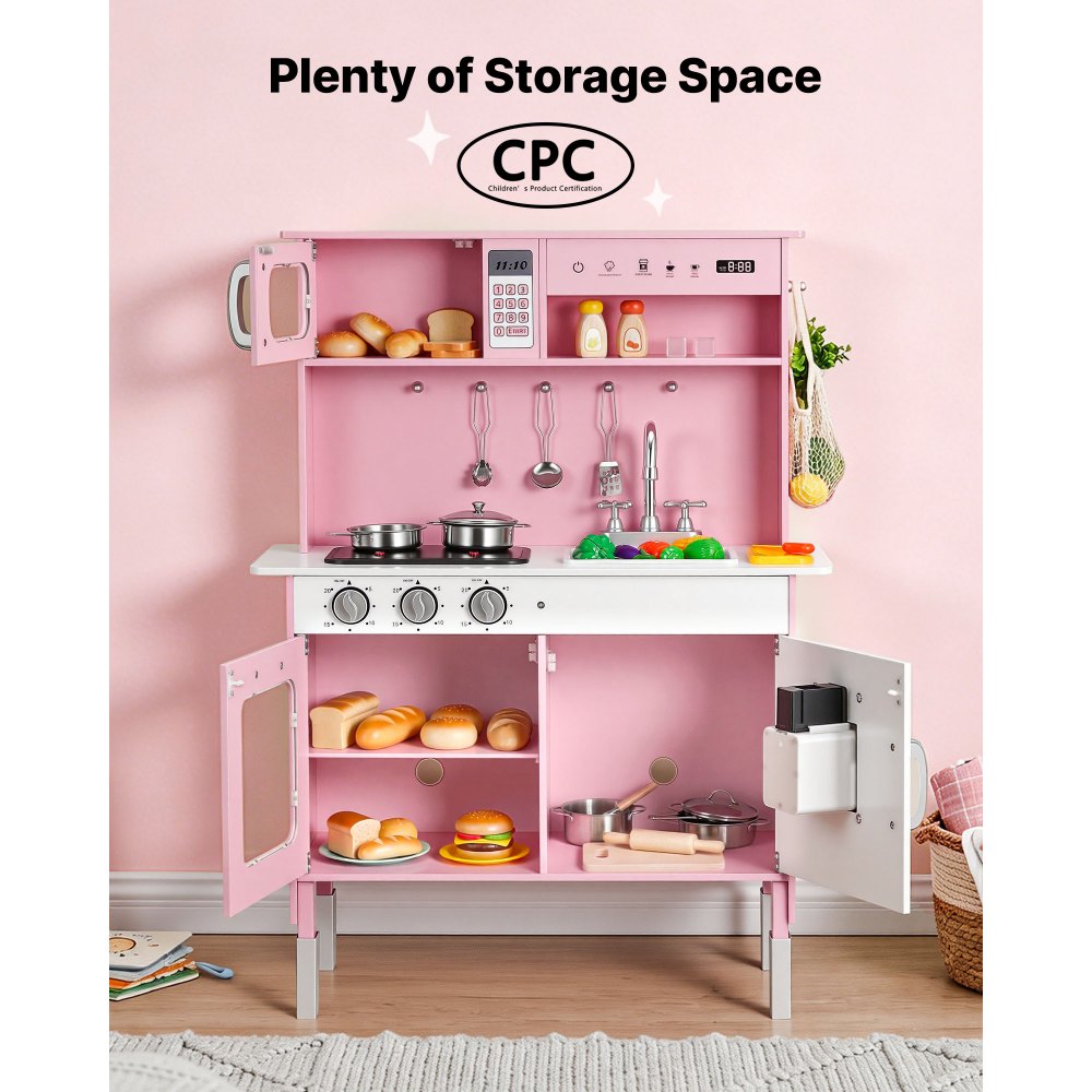 VEVOR Play Kitchen for Kids, Wooden, Kids Kitchen Playset with Real Lights & Sounds, Food & Cookware, Pretend Play Toy Set, Microwave, Oven, Clicking Knobs, for Toddlers, Girls & Boys Ages 3-8, Pink