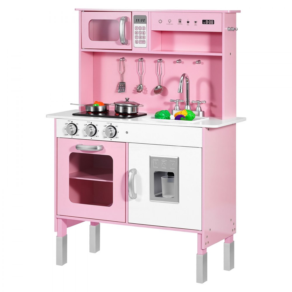 VEVOR Play Kitchen for Kids, Wooden, Kids Kitchen Playset with Real Lights & Sounds, Food & Cookware, Pretend Play Toy Set, Microwave, Oven, Clicking Knobs, for Toddlers, Girls & Boys Ages 3-8, Pink