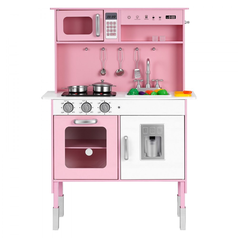 VEVOR Play Kitchen for Kids, Wooden, Kids Kitchen Playset with Real Lights & Sounds, Food & Cookware, Pretend Play Toy Set, Microwave, Oven, Clicking Knobs, for Toddlers, Girls & Boys Ages 3-8, Pink