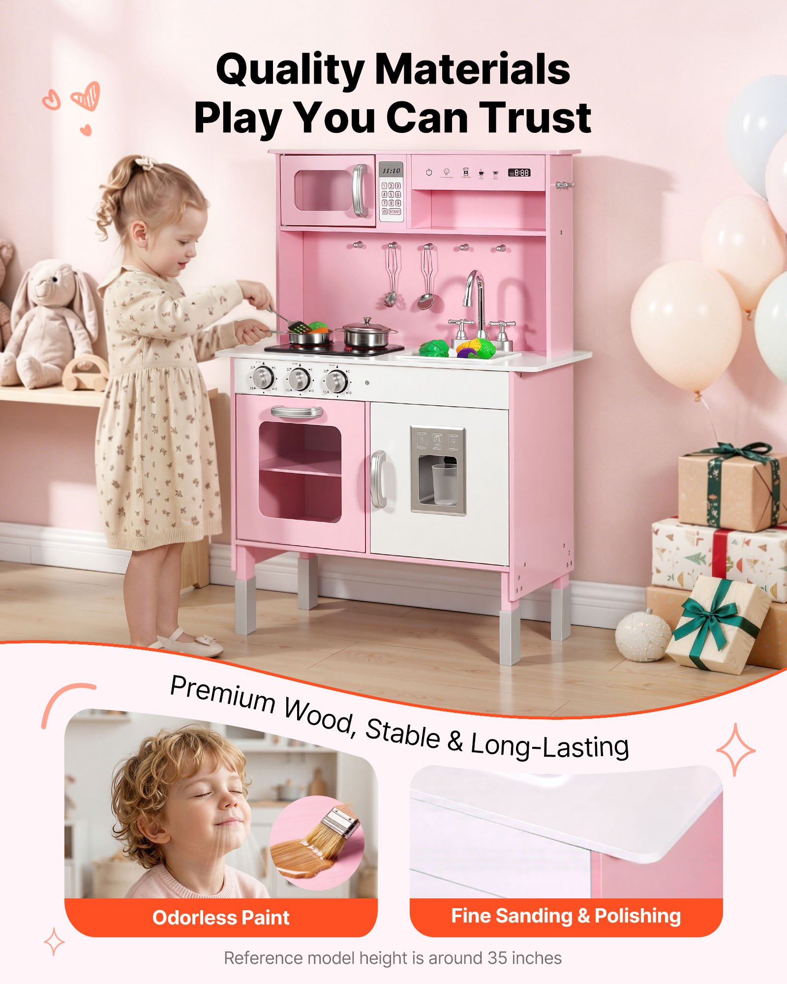 VEVOR Play Kitchen for Kids, Wooden, Kids Kitchen Playset with Real Lights & Sounds, Food & Cookware, Pretend Play Toy Set, Microwave, Oven, Clicking Knobs, for Toddlers, Girls & Boys Ages 3-8, Pink