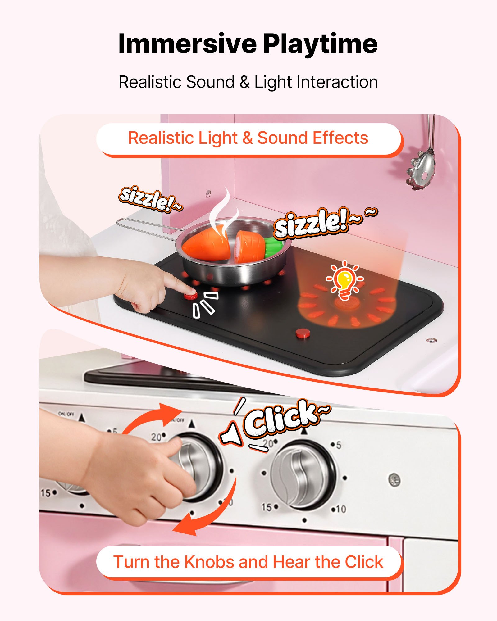 VEVOR Play Kitchen for Kids, Wooden, Kids Kitchen Playset with Real Lights & Sounds, Food & Cookware, Pretend Play Toy Set, Microwave, Oven, Clicking Knobs, for Toddlers, Girls & Boys Ages 3-8, Pink