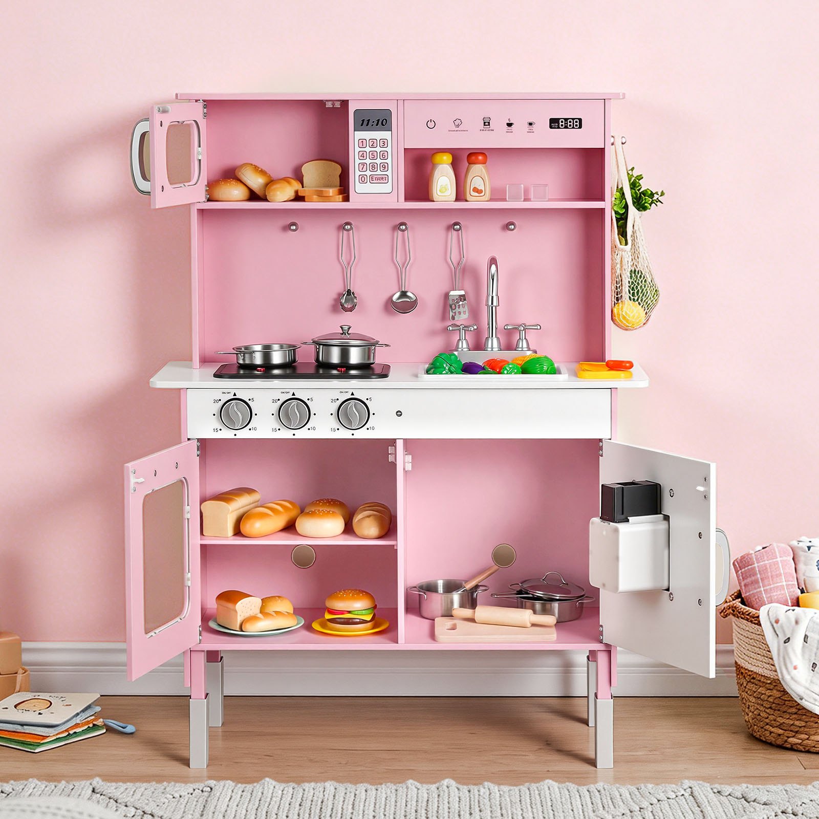 VEVOR Play Kitchen for Kids, Wooden, Kids Kitchen Playset with Real Lights & Sounds, Food & Cookware, Pretend Play Toy Set, Microwave, Oven, Clicking Knobs, for Toddlers, Girls & Boys Ages 3-8, Pink