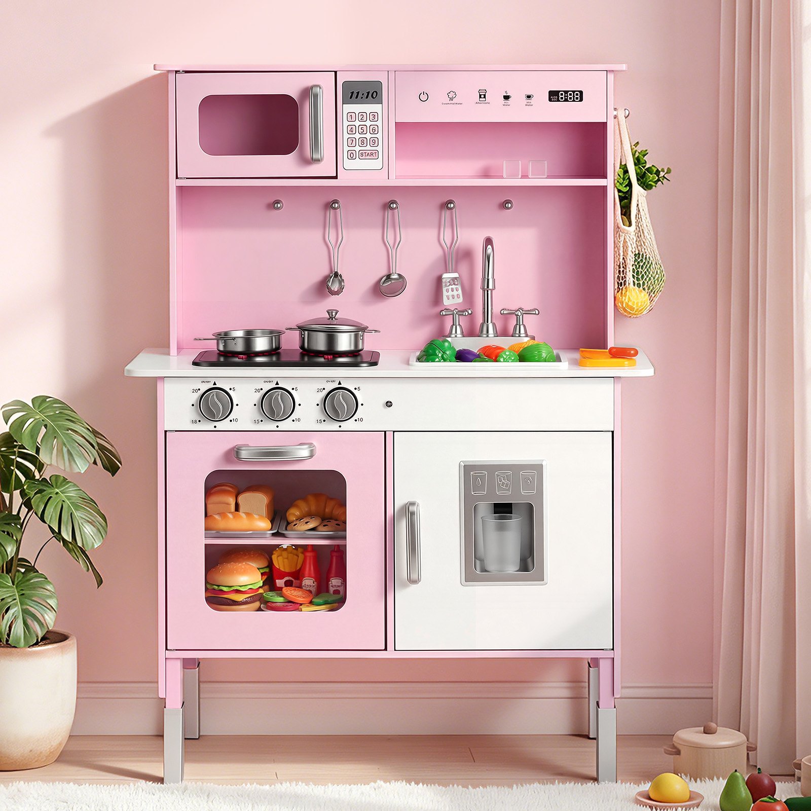 VEVOR Play Kitchen for Kids, Wooden, Kids Kitchen Playset with Real Lights & Sounds, Food & Cookware, Pretend Play Toy Set, Microwave, Oven, Clicking Knobs, for Toddlers, Girls & Boys Ages 3-8, Pink