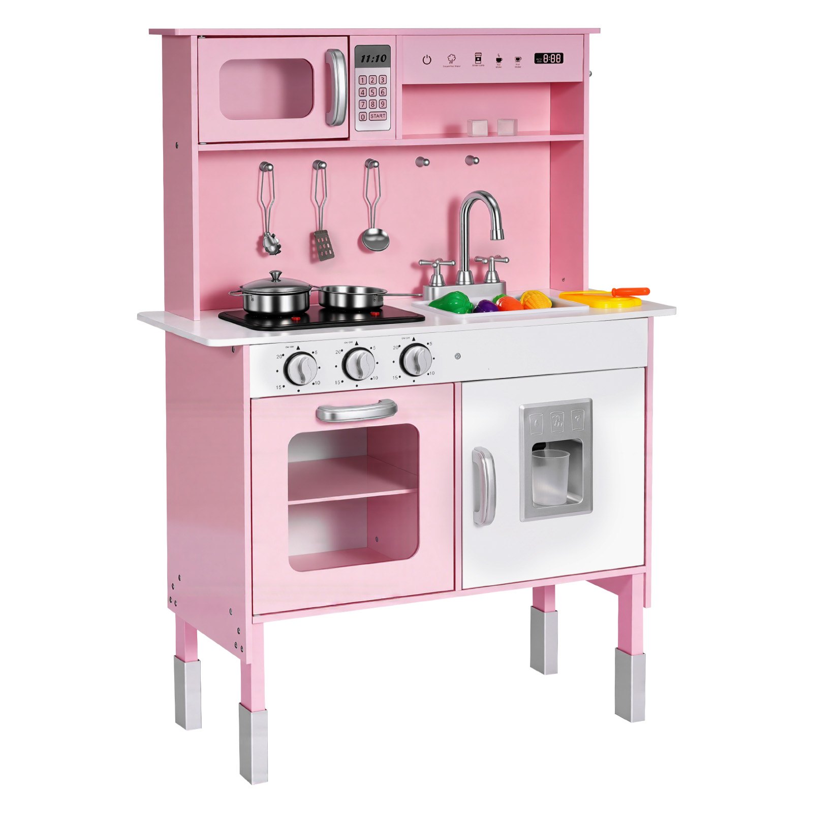 VEVOR Play Kitchen for Kids, Wooden, Kids Kitchen Playset with Real Lights & Sounds, Food & Cookware, Pretend Play Toy Set, Microwave, Oven, Clicking Knobs, for Toddlers, Girls & Boys Ages 3-8, Pink