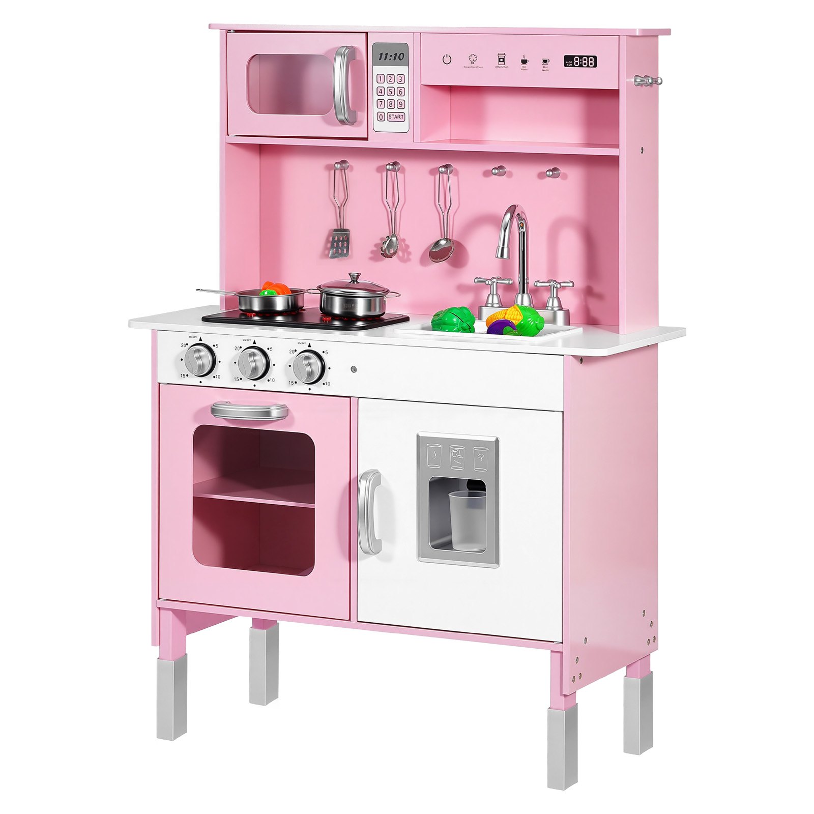 VEVOR Play Kitchen for Kids, Wooden, Kids Kitchen Playset with Real Lights & Sounds, Food & Cookware, Pretend Play Toy Set, Microwave, Oven, Clicking Knobs, for Toddlers, Girls & Boys Ages 3-8, Pink