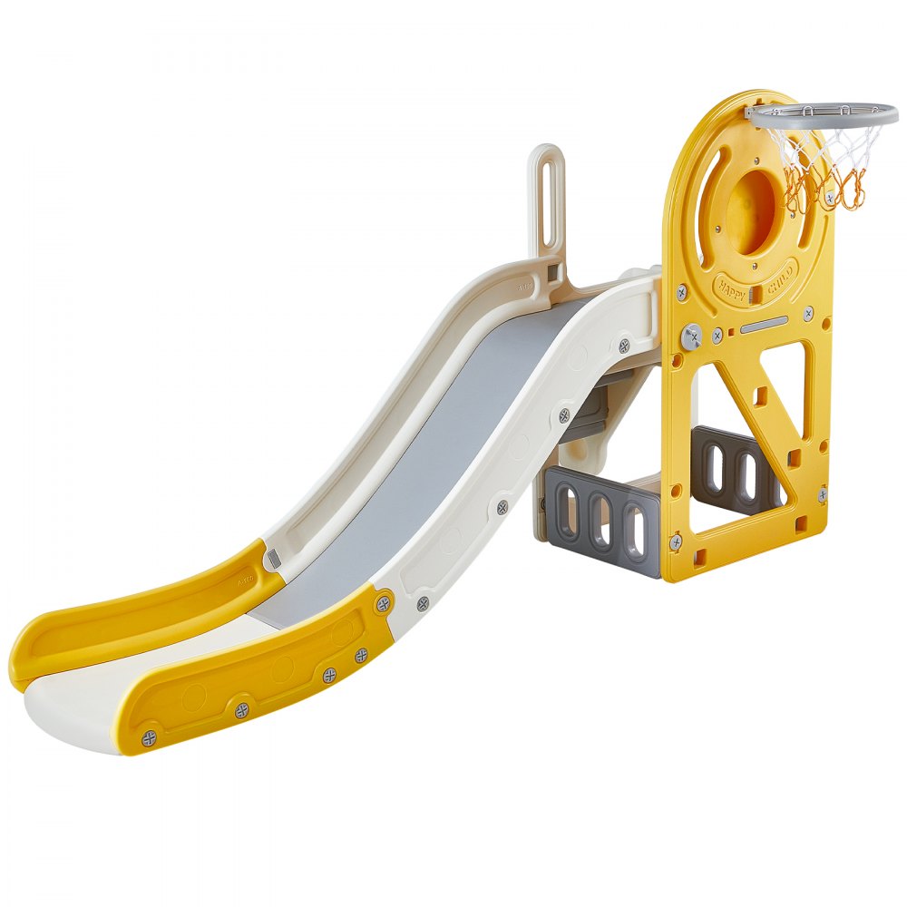 yellow and white VEVOR toddler slide with built-in basketball hoop and climbing steps.