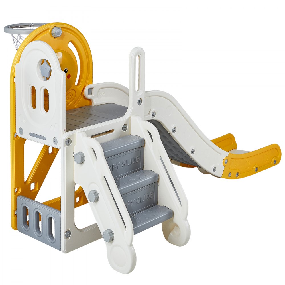 VEVOR toddler slide with stairs, safety handrails, and basketball hoop in yellow and white.
