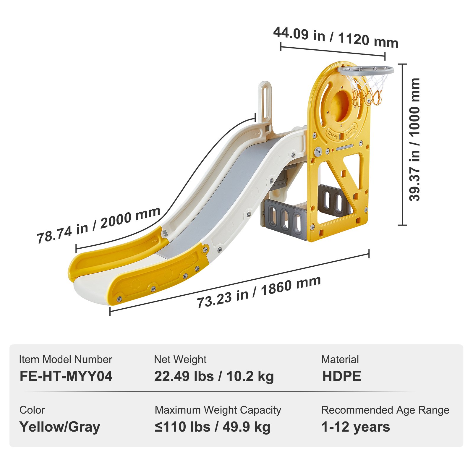 yellow and gray VEVOR toddler slide with basketball hoop, measurements, and specifications detailed in text.