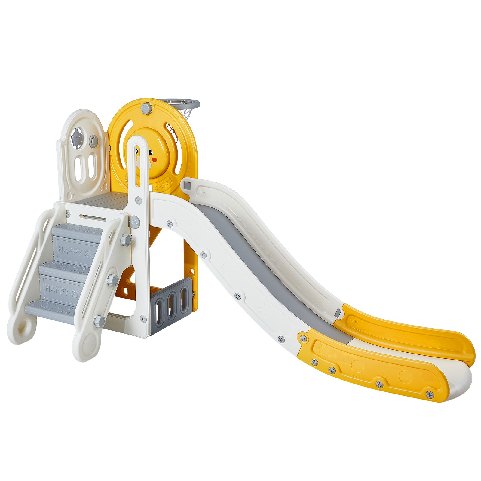VEVOR toddler slide in white and yellow, featuring steps, a smooth slide, and playful design elements.