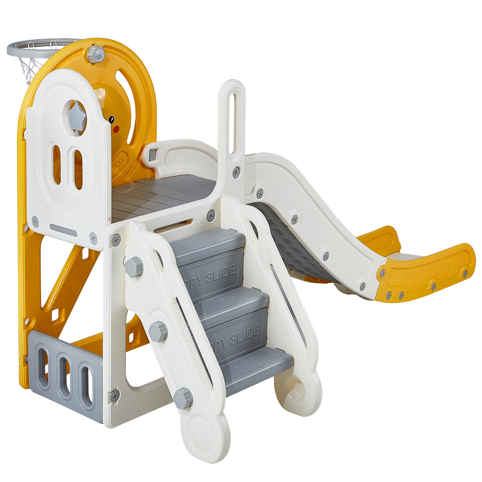 VEVOR toddler slide with stairs, safety handrails, and basketball hoop in yellow and white.