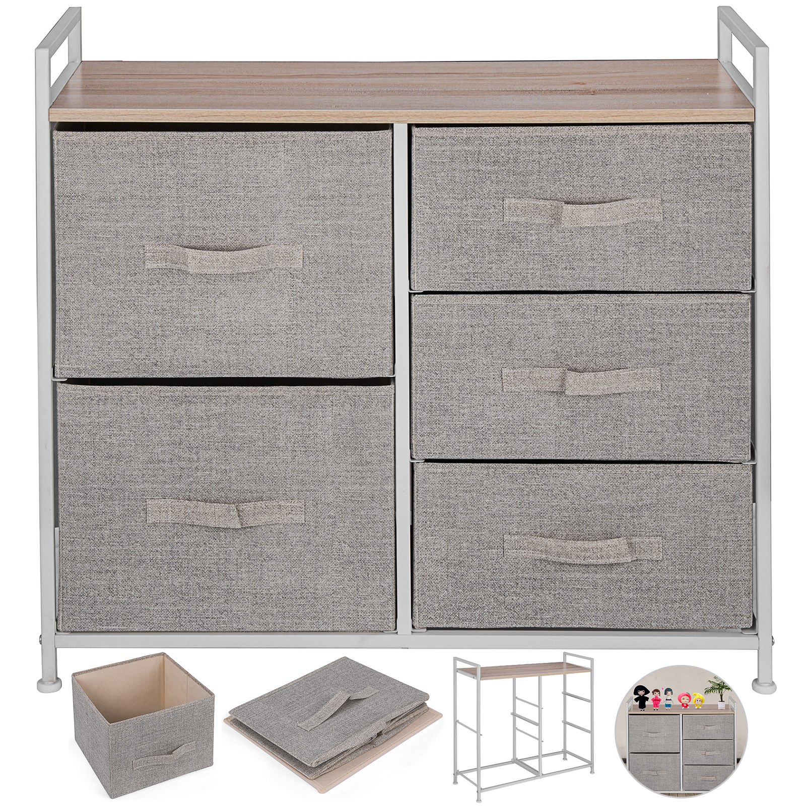 VEVOR 5-Drawer Storage Organizer Unit with Fabric Bins Bedroom Play Room Entryway Hallway Closets Steel Frame MDF Top Dresser Storage Tower Fabric Cube Dresser Chest Cabinet (Beige/Tall)