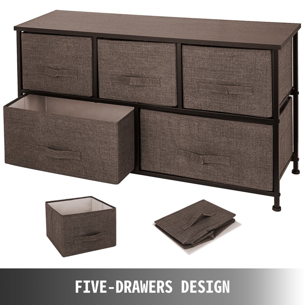 VEVOR Dresser Storage Tower with 5 Fabric Drawer Steel Frame Storage Cabinet Bin Storage Organizer Unit Fabric Cube Dresser Chest Cabinet Coffee Wide (Coffee/Wide)