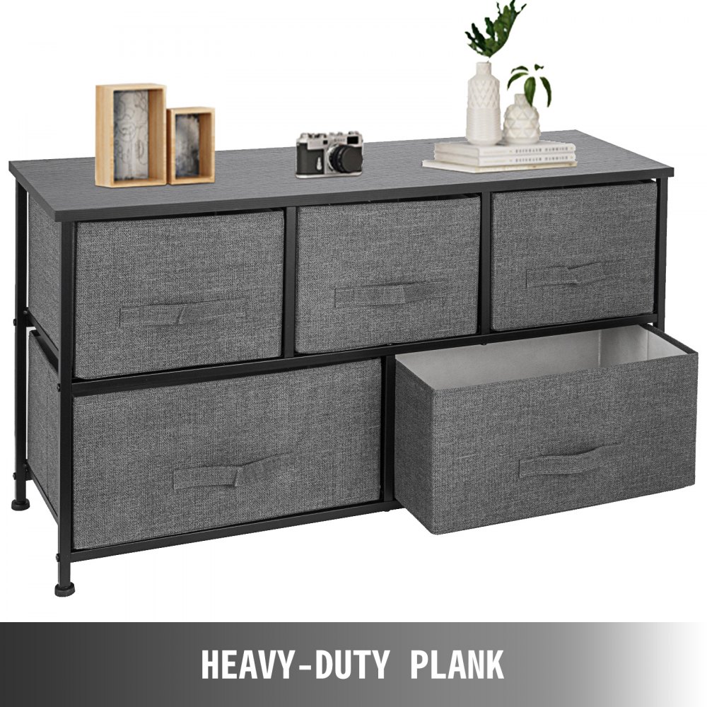 VEVOR Dresser Storage Tower with 5 Fabric Drawer Steel Frame Storage Cabinet Bin Storage Organizer Unit Fabric Cube Dresser Chest Cabinet Light Gray (Gray/Wide)