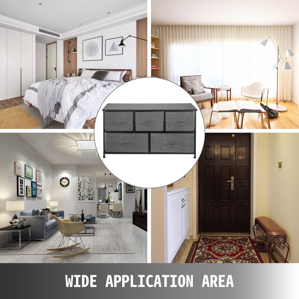 VEVOR Dresser Storage Tower with 5 Fabric Drawer Steel Frame Storage Cabinet Bin Storage Organizer Unit Fabric Cube Dresser Chest Cabinet Light Gray (Gray/Wide)