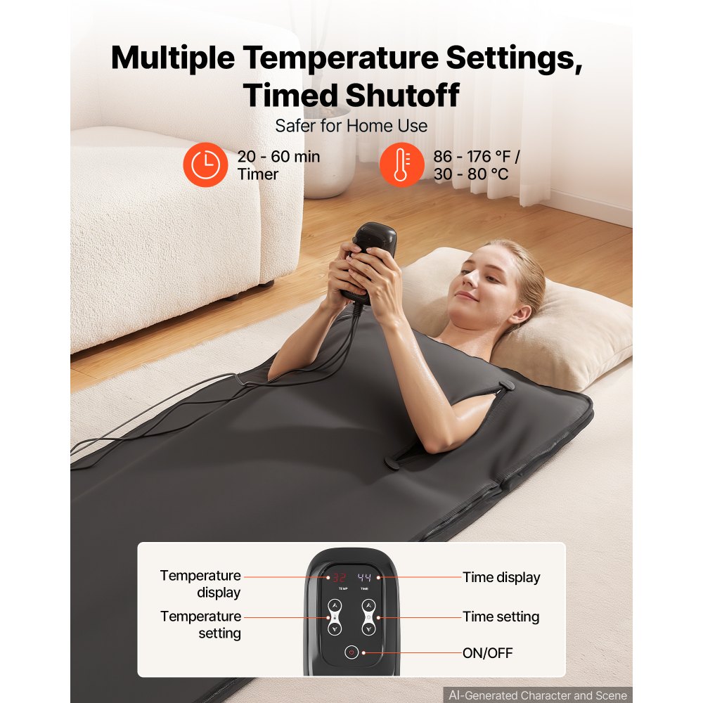 VEVOR Infrared Sauna Blanket with Armholes, 180 x 80 cm Portable Sauna Bag, Even Heating for Home Detox & Relaxation, Temp Control & Timer, Lightweight Oxford Fabric Heating Wrap with Carry Bag, Black