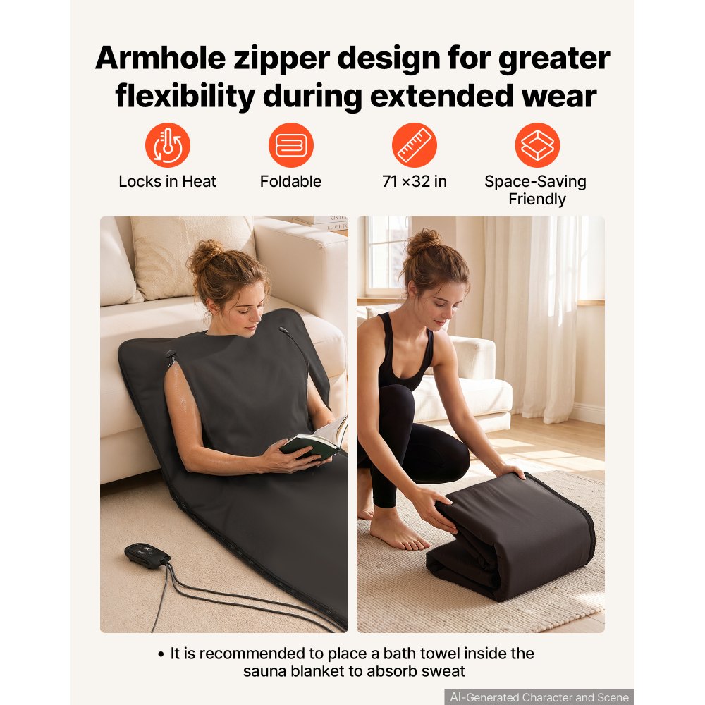 VEVOR Infrared Sauna Blanket with Armholes, 180 x 80 cm Portable Sauna Bag, Even Heating for Home Detox & Relaxation, Temp Control & Timer, Lightweight Oxford Fabric Heating Wrap with Carry Bag, Black