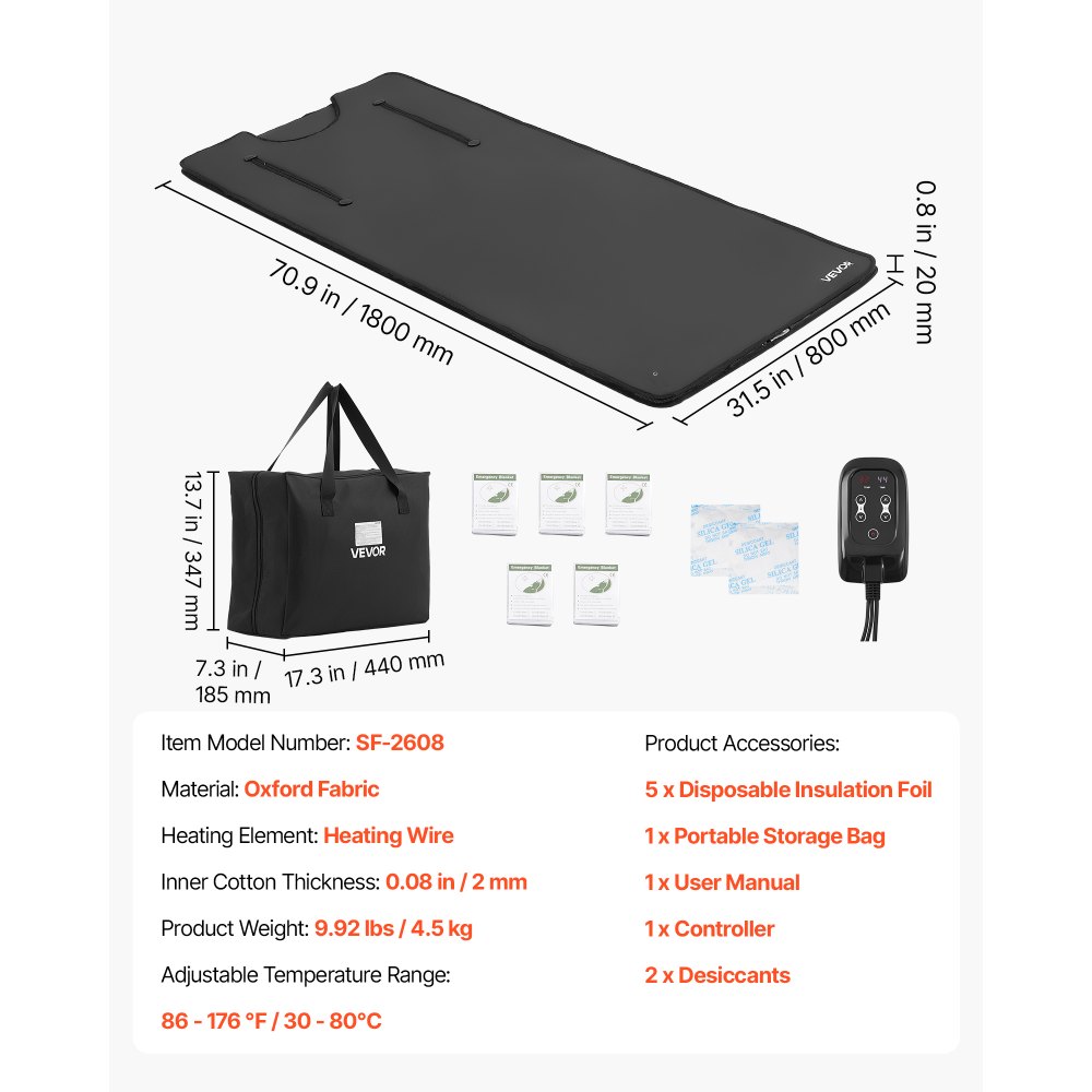 VEVOR Infrared Sauna Blanket with Armholes, 180 x 80 cm Portable Sauna Bag, Even Heating for Home Detox & Relaxation, Temp Control & Timer, Lightweight Oxford Fabric Heating Wrap with Carry Bag, Black