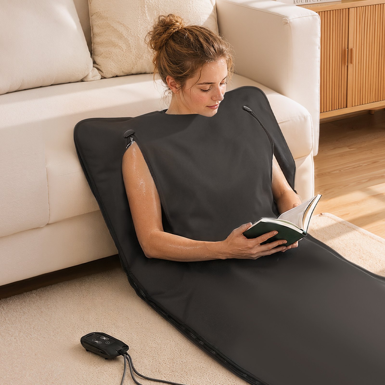 VEVOR Infrared Sauna Blanket with Armholes, 180 x 80 cm Portable Sauna Bag, Even Heating for Home Detox & Relaxation, Temp Control & Timer, Lightweight Oxford Fabric Heating Wrap with Carry Bag, Black