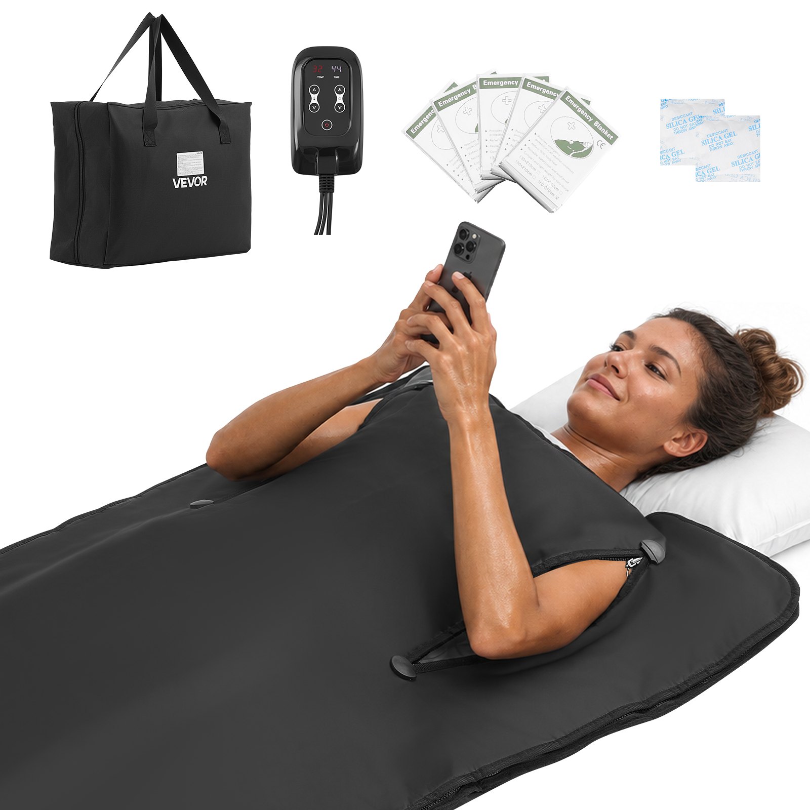 VEVOR Infrared Sauna Blanket with Armholes, 180 x 80 cm Portable Sauna Bag, Even Heating for Home Detox & Relaxation, Temp Control & Timer, Lightweight Oxford Fabric Heating Wrap with Carry Bag, Black