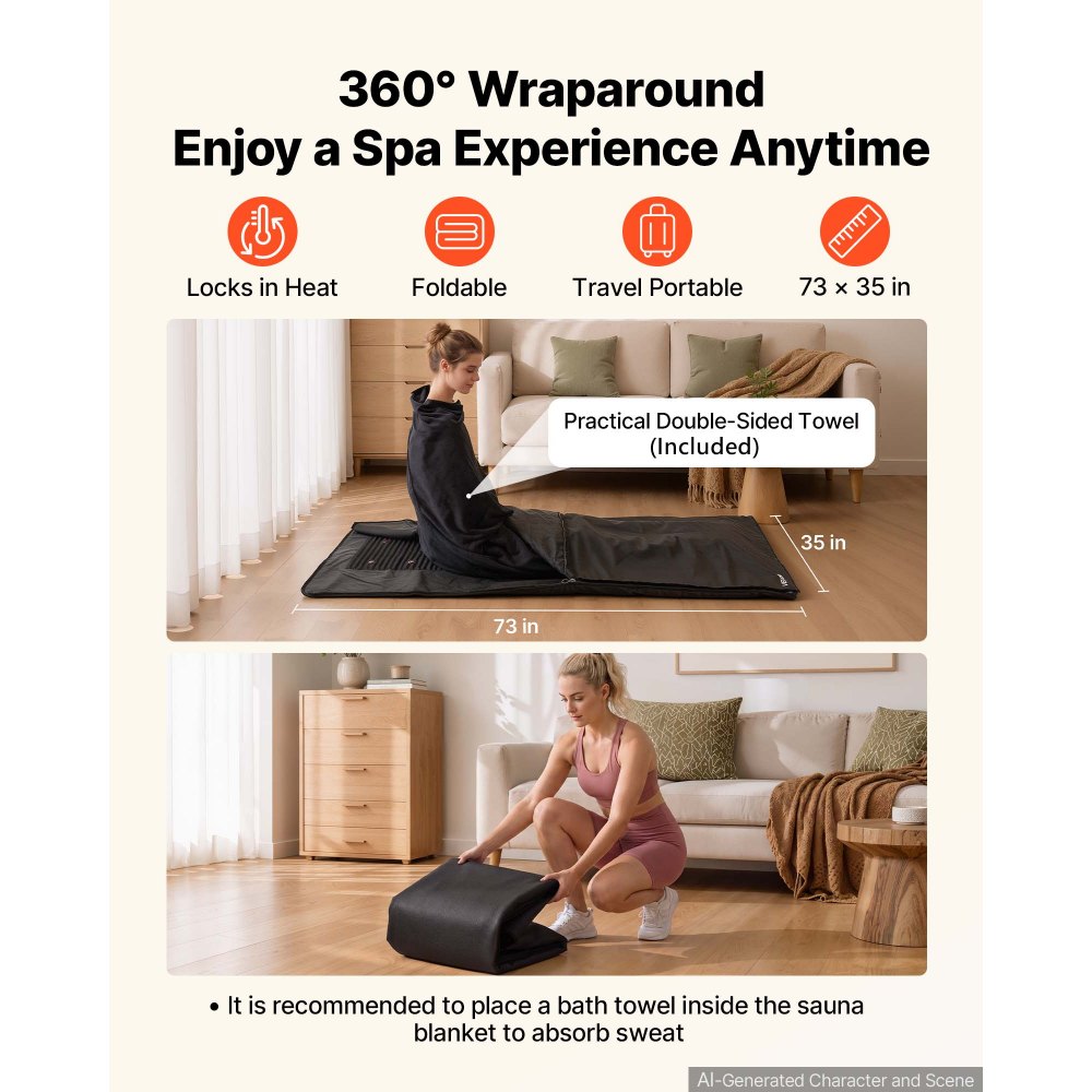 VEVOR Infrared Sauna Blanket with Mineral Stones, 185 x 90 cm Sauna Bag, Zero EMF, Portable for Home Detox and Relaxation, Temperature Control & Timer, PU Leather Heating Wrap with Carry Bag, Black