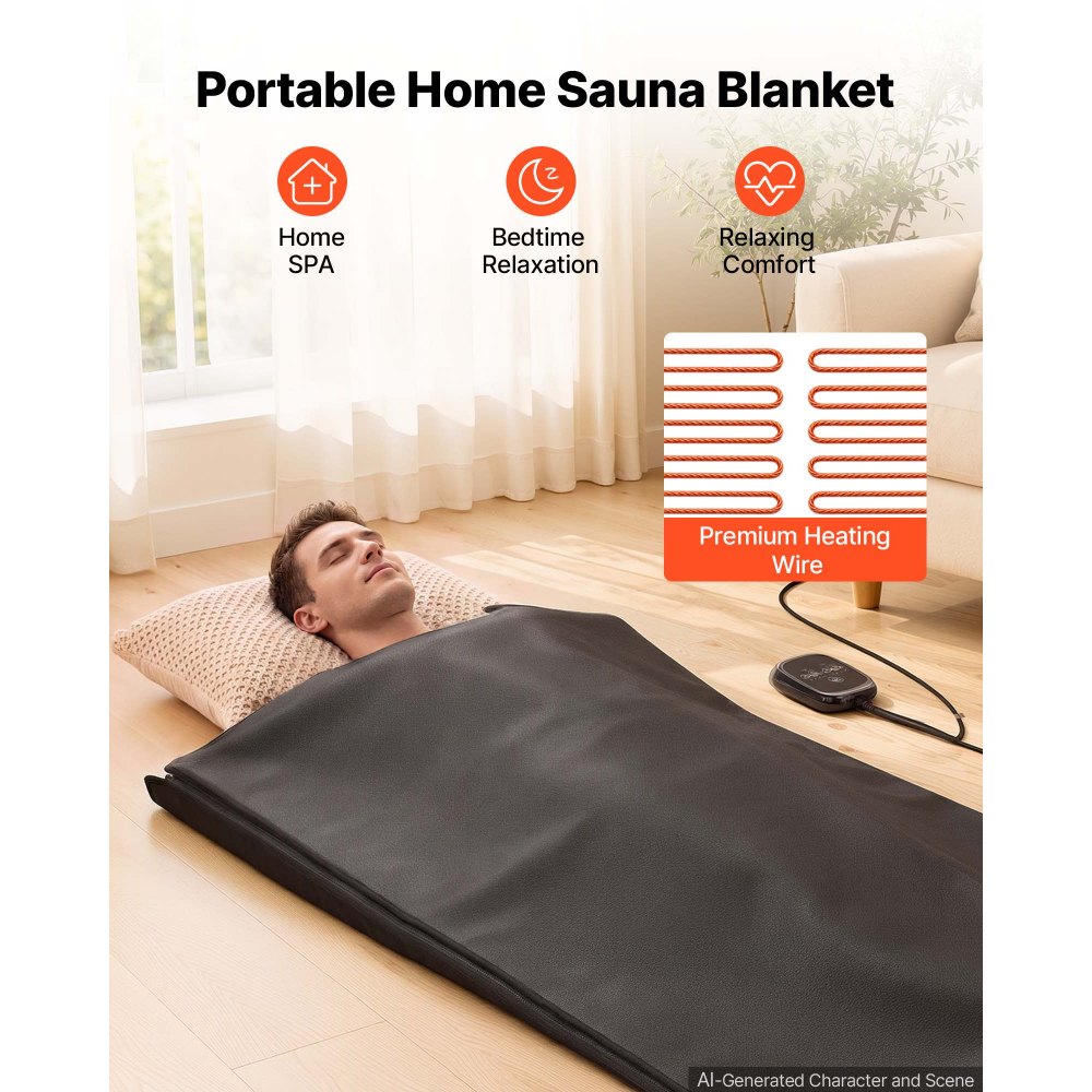 VEVOR Infrared Sauna Blanket 185 x 90 cm, Portable PU Leather Sauna Bag, Even Heating for Home Detox & Relaxation, Temp Control & Timer, Full-Body Heating Wrap with Towel Liner, Carry Bag, Black