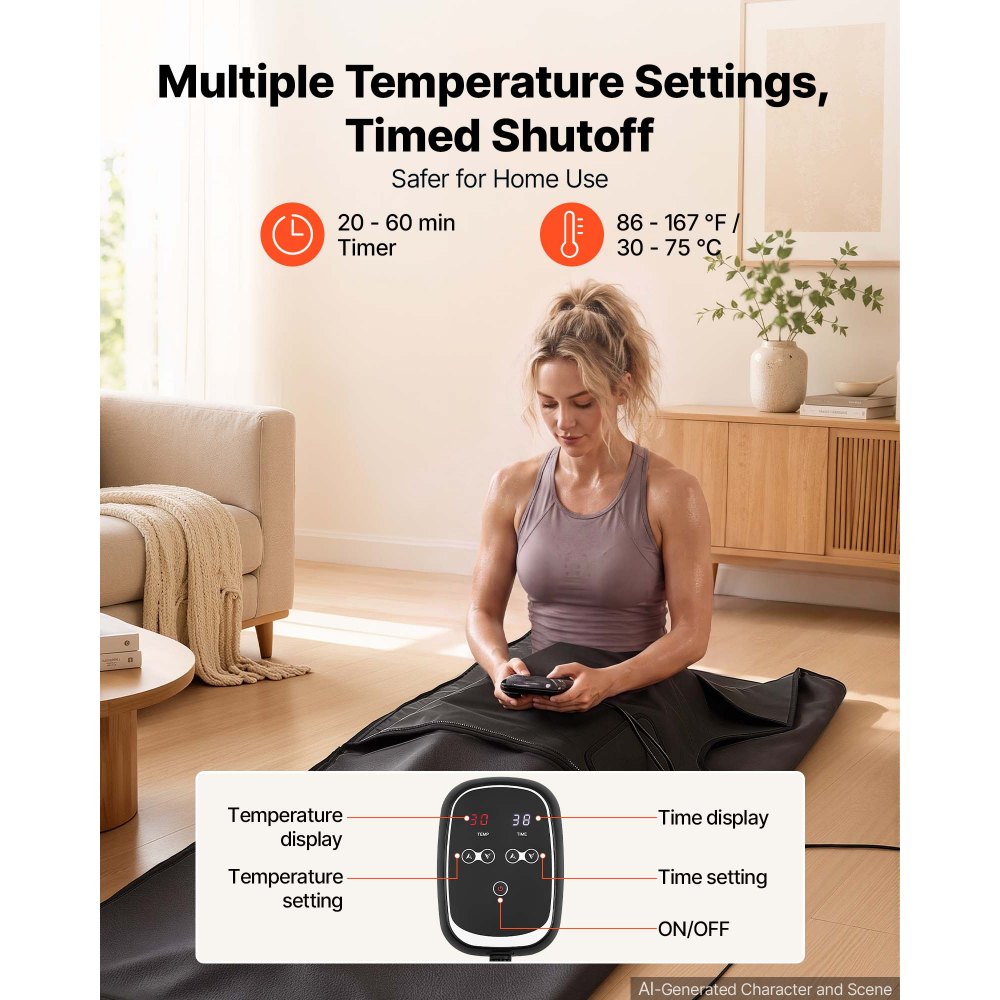 VEVOR Infrared Sauna Blanket 185 x 90 cm, Portable PU Leather Sauna Bag, Even Heating for Home Detox & Relaxation, Temp Control & Timer, Full-Body Heating Wrap with Towel Liner, Carry Bag, Black
