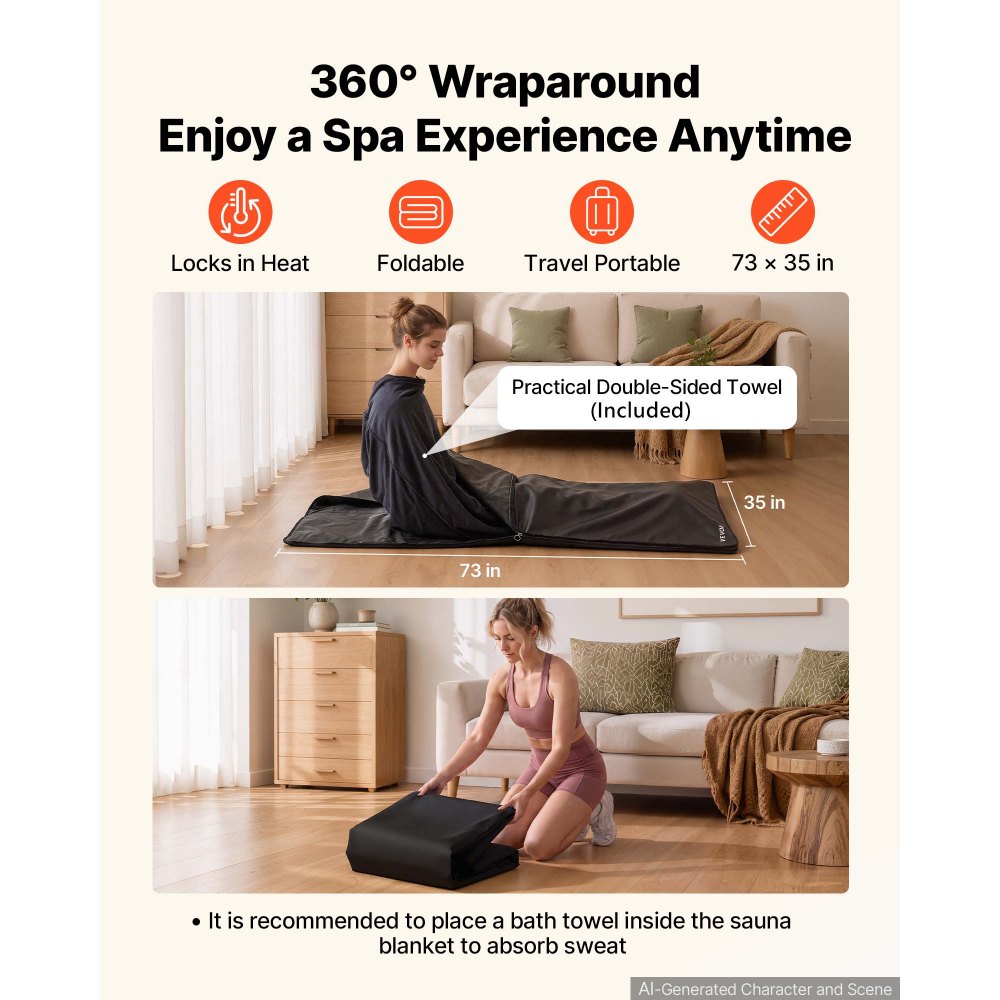 VEVOR Infrared Sauna Blanket 185 x 90 cm, Portable PU Leather Sauna Bag, Even Heating for Home Detox & Relaxation, Temp Control & Timer, Full-Body Heating Wrap with Towel Liner, Carry Bag, Black