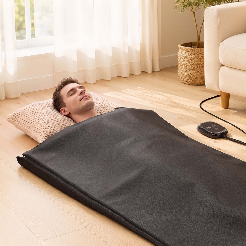 VEVOR Infrared Sauna Blanket 185 x 90 cm, Portable PU Leather Sauna Bag, Even Heating for Home Detox & Relaxation, Temp Control & Timer, Full-Body Heating Wrap with Towel Liner, Carry Bag, Black