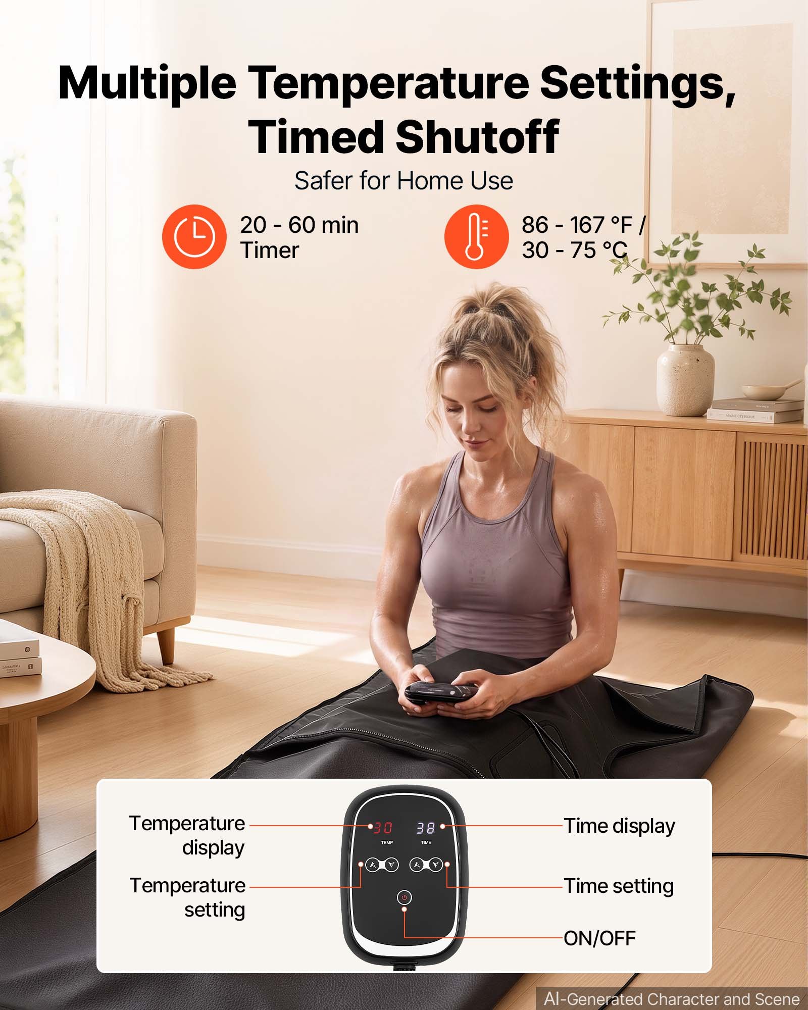 VEVOR Infrared Sauna Blanket 185 x 90 cm, Portable PU Leather Sauna Bag, Even Heating for Home Detox & Relaxation, Temp Control & Timer, Full-Body Heating Wrap with Towel Liner, Carry Bag, Black