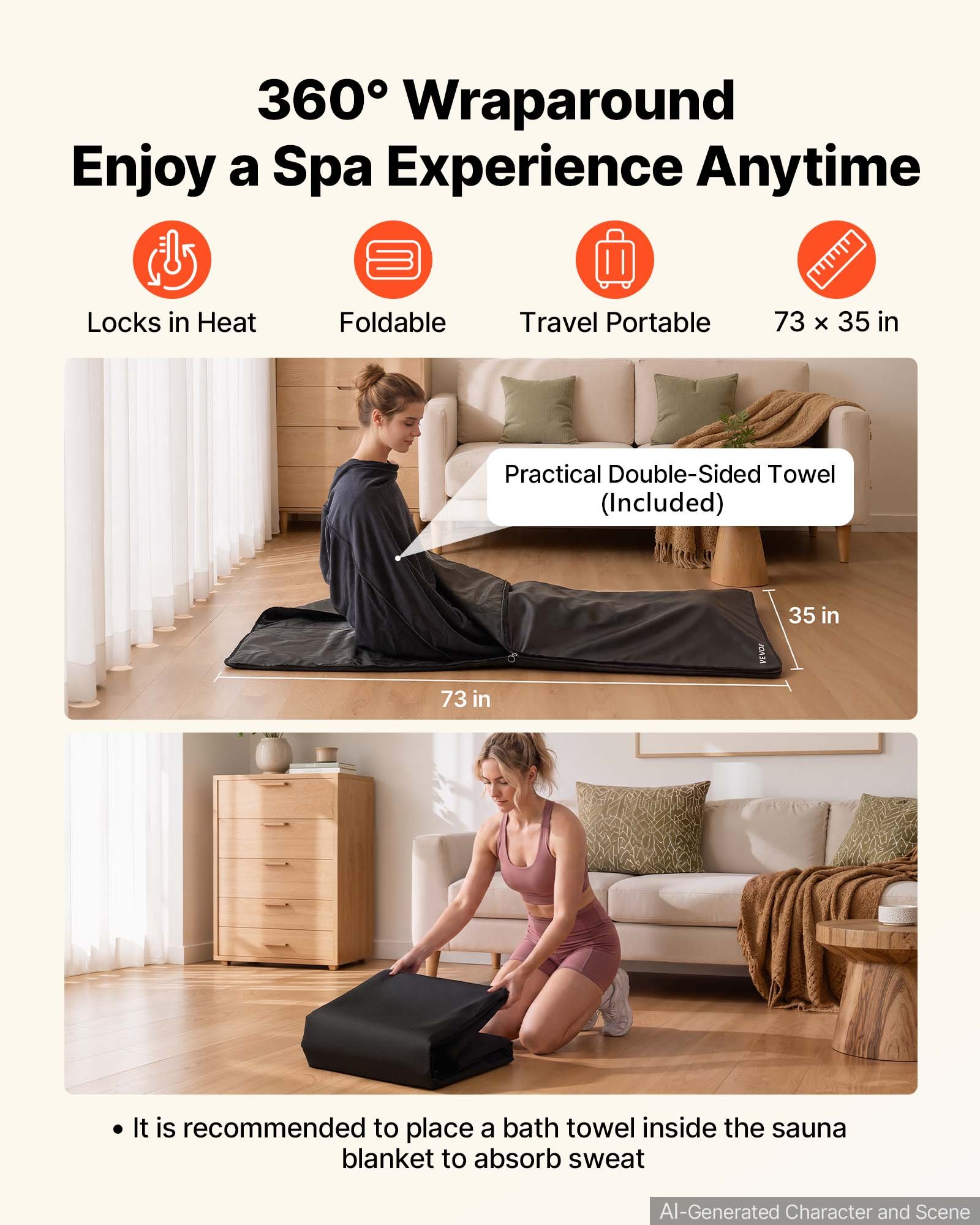 VEVOR Infrared Sauna Blanket 185 x 90 cm, Portable PU Leather Sauna Bag, Even Heating for Home Detox & Relaxation, Temp Control & Timer, Full-Body Heating Wrap with Towel Liner, Carry Bag, Black