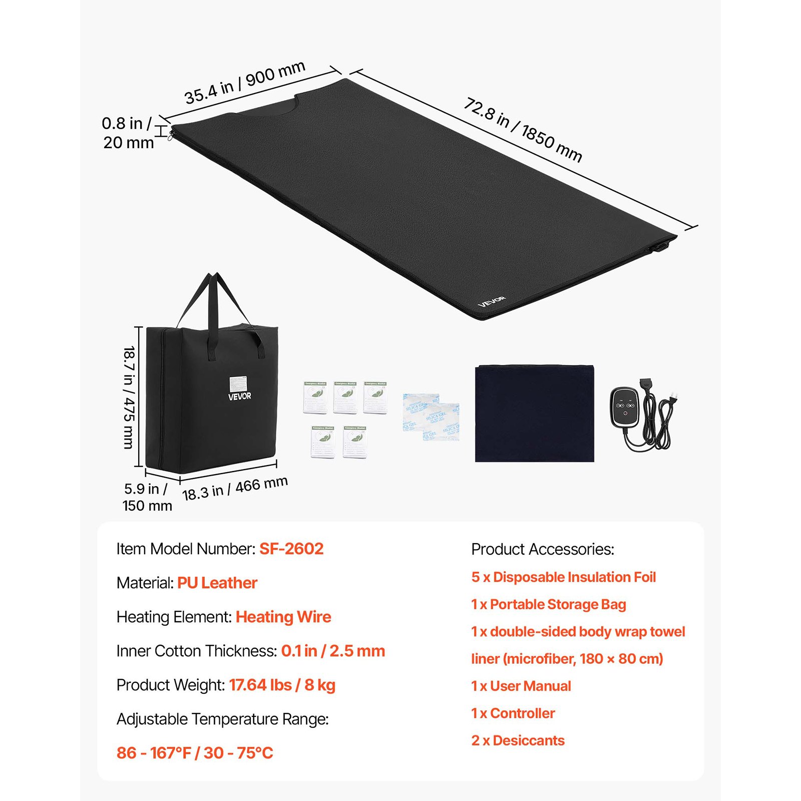 VEVOR Infrared Sauna Blanket 185 x 90 cm, Portable PU Leather Sauna Bag, Even Heating for Home Detox & Relaxation, Temp Control & Timer, Full-Body Heating Wrap with Towel Liner, Carry Bag, Black