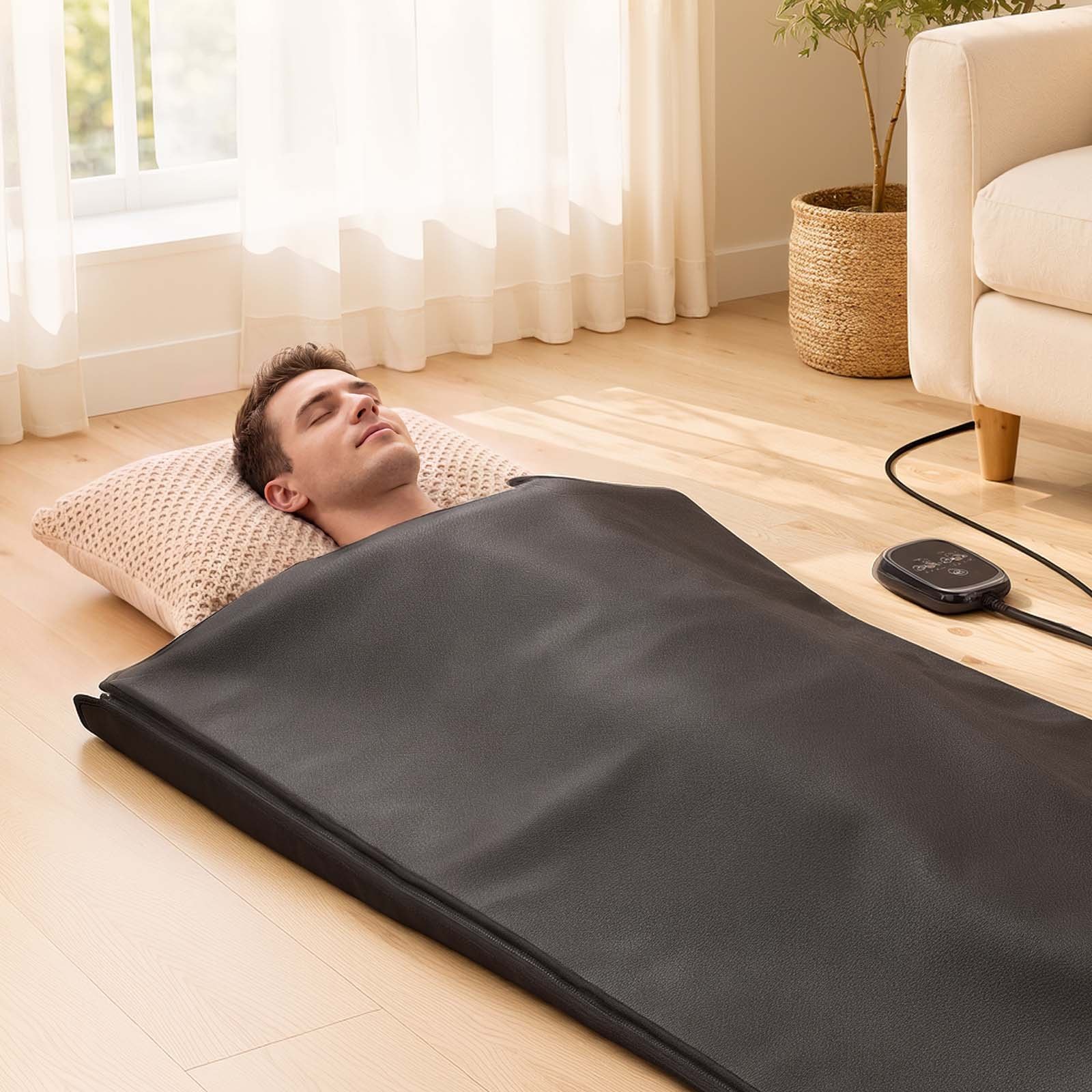 VEVOR Infrared Sauna Blanket 185 x 90 cm, Portable PU Leather Sauna Bag, Even Heating for Home Detox & Relaxation, Temp Control & Timer, Full-Body Heating Wrap with Towel Liner, Carry Bag, Black
