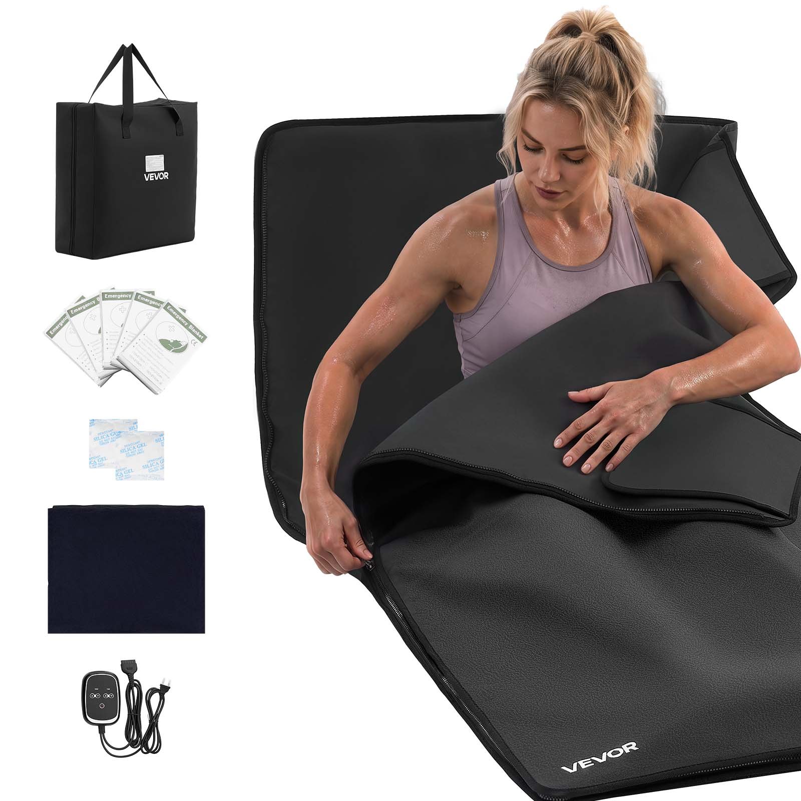 VEVOR Infrared Sauna Blanket 185 x 90 cm, Portable PU Leather Sauna Bag, Even Heating for Home Detox & Relaxation, Temp Control & Timer, Full-Body Heating Wrap with Towel Liner, Carry Bag, Black