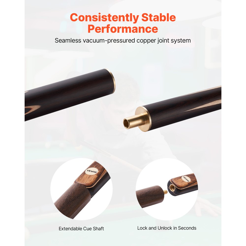 VEVOR Pool Cue, 1447.8mm Jointed Snooker Cue, Snooker Cues Stick with Extension Rod & 9.5mm Leather Tip, 538g Pools Stick for Professional Pool Table, Bar, Home, Office, Includes Aluminum Case