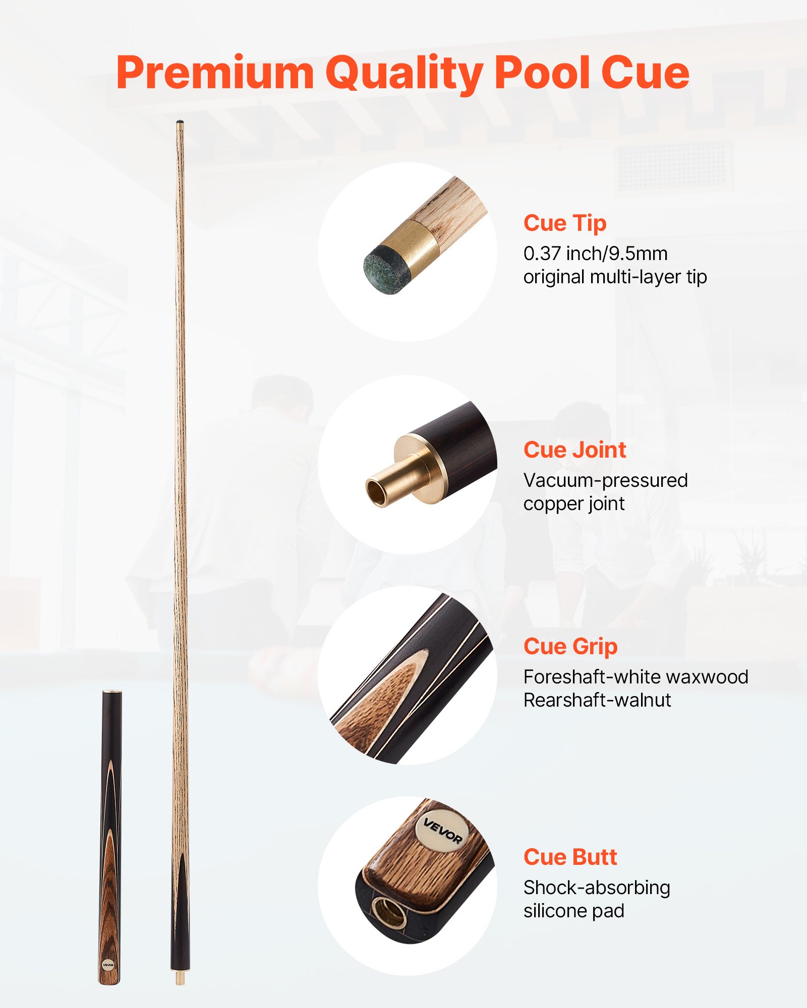 VEVOR Pool Cue, 1447.8mm Jointed Snooker Cue, Snooker Cues Stick with Extension Rod & 9.5mm Leather Tip, 538g Pools Stick for Professional Pool Table, Bar, Home, Office, Includes Aluminum Case