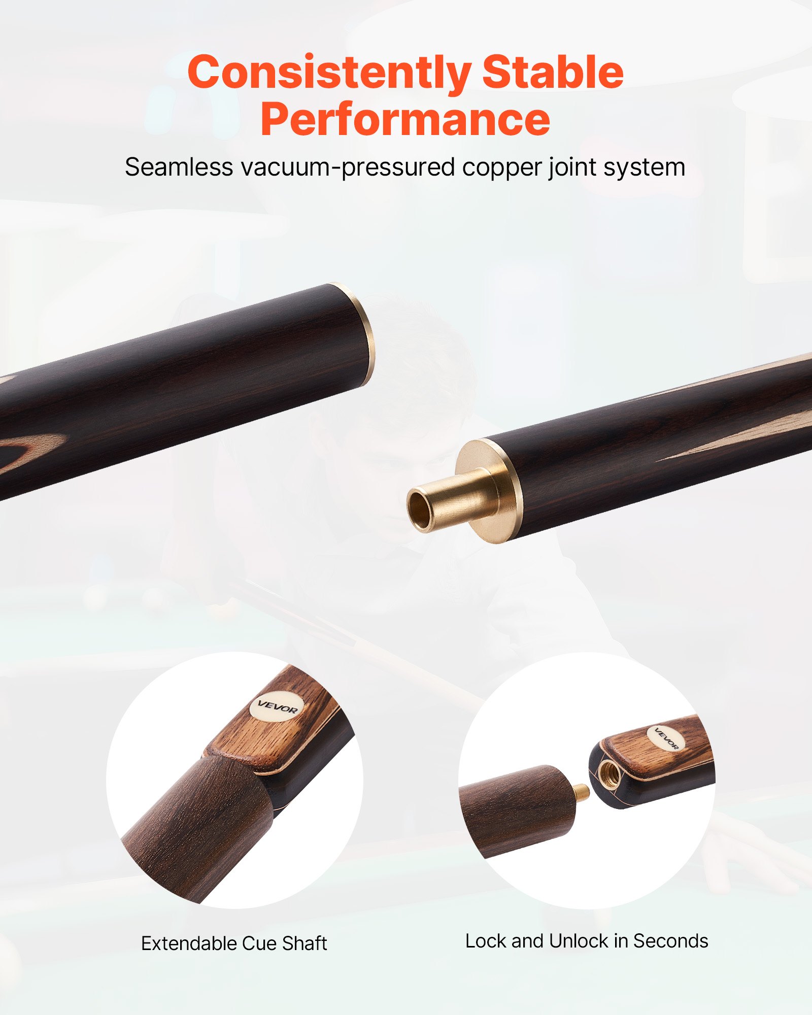VEVOR Pool Cue, 1447.8mm Jointed Snooker Cue, Snooker Cues Stick with Extension Rod & 9.5mm Leather Tip, 538g Pools Stick for Professional Pool Table, Bar, Home, Office, Includes Aluminum Case