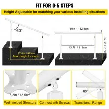 VEVOR Stair Railing Kit, 5 FT Handrails for Outdoor 0-5 Steps, Adjustable Angle White Aluminum Stair Handrail, Indoor & Outdoor Stairs for the Elderly