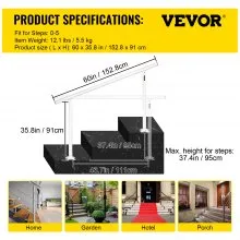 VEVOR Stair Railing Kit, 5 FT Handrails for Outdoor 0-5 Steps, Adjustable Angle White Aluminum Stair Handrail, Indoor & Outdoor Stairs for the Elderly