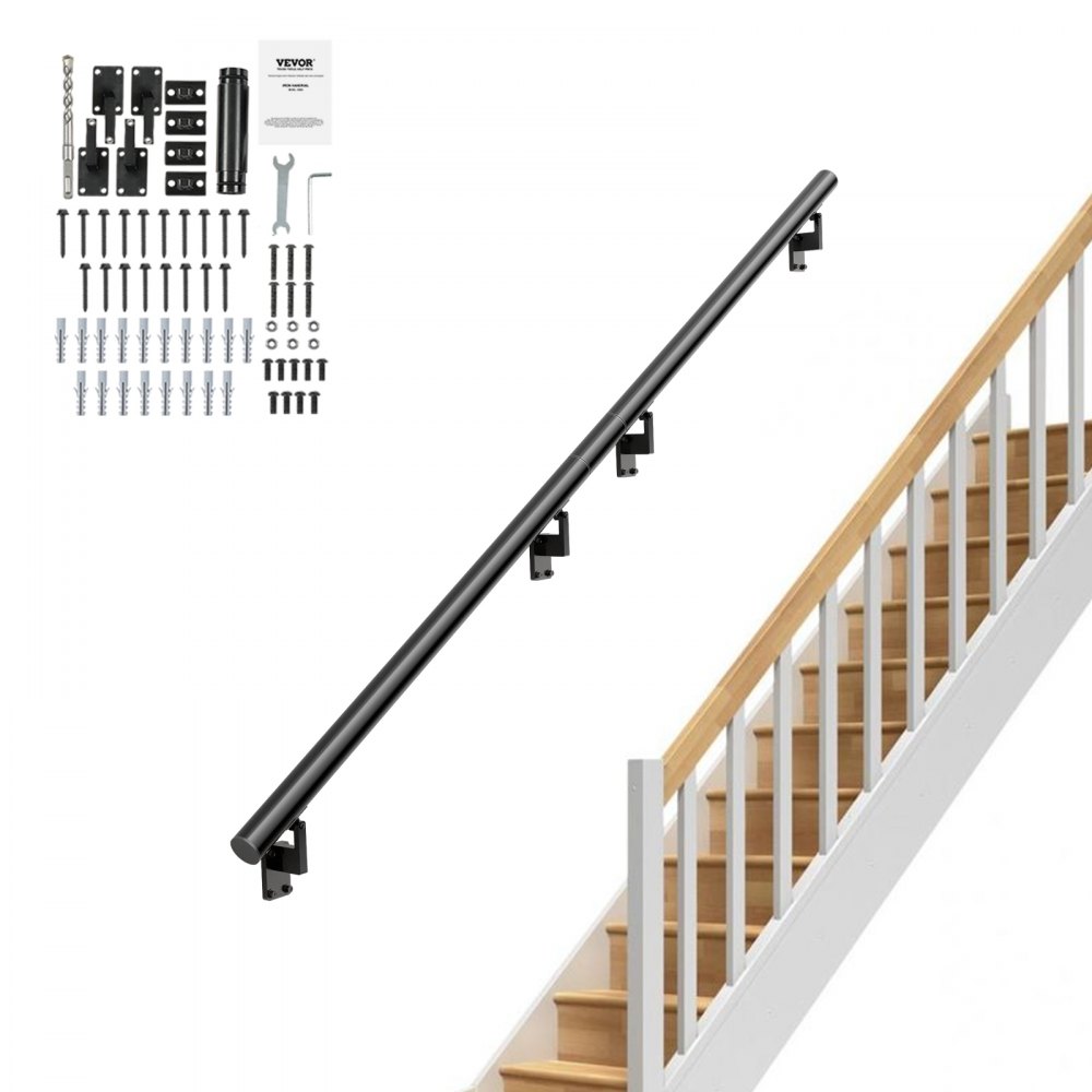 black VEVOR indoor stair handrail with mounting hardware, white and wood staircase in the background.