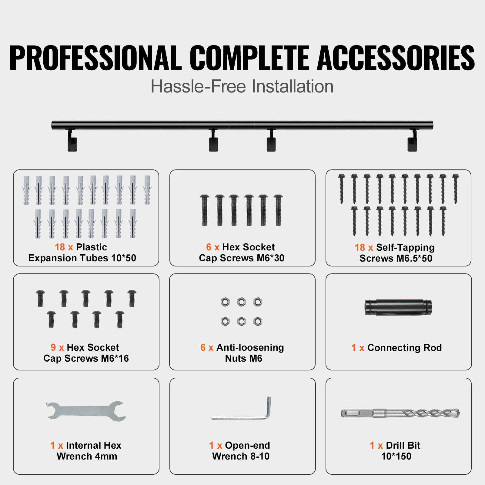 VEVOR indoor stair handrail complete accessories include screws, expansion tubes, nuts, wrench, and drill bit.
