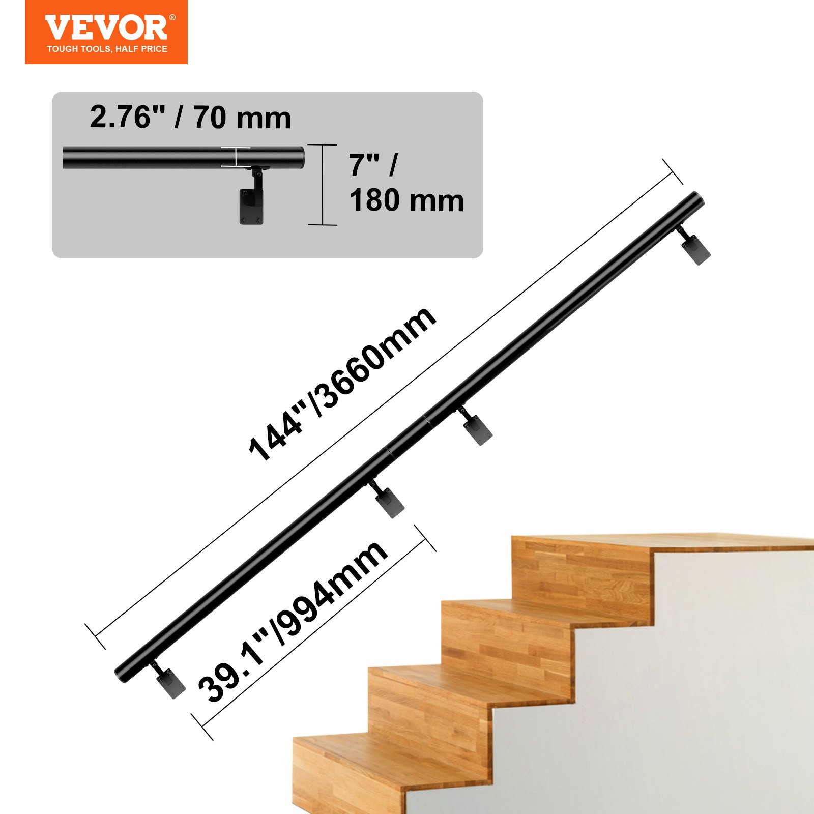 VEVOR indoor stair handrail with measurements: 144&quot;/3660mm length, 39.1&quot;/994mm height, 2.76&quot;/70mm width.
