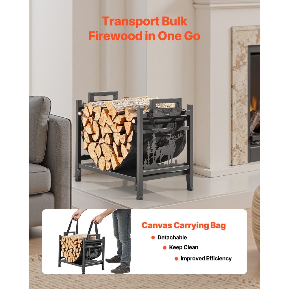 VEVOR Indoor Firewood Rack, 45cm Curved Log Holder with Canvas Carrier, 18kg Weight Capacity Wood Storage Stand, Powder-Coated Steel Firewood Holder, Heavy Duty Wood Pile Stacker Rack for Fireplace